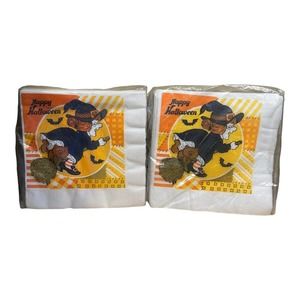 (2) 1981 Happy Halloween Luncheon Napkins NOS Witch Cat Bat Broom Patchwork VTG
